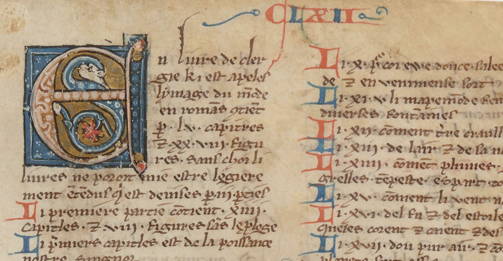 Part of a leaf in a medieval manuscript: 2 columns of text, opening with an enlarged decorative initial ‘E’ infilled with a serpent-like beast with a leafy tail. In the upper margin is a Roman numeral running head.