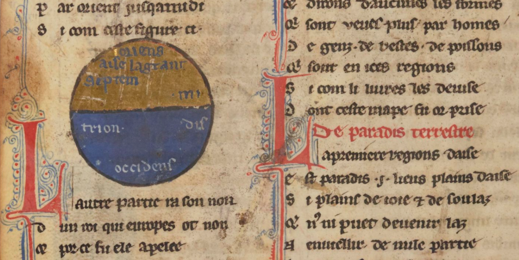 Detail from a medieval manuscript: 2 columns of text, each with an enlarged decorative initial. In column 1 is a geographical diagram: an orb, bisected horizontally into blue & gold hemispheres, each bearing labels.